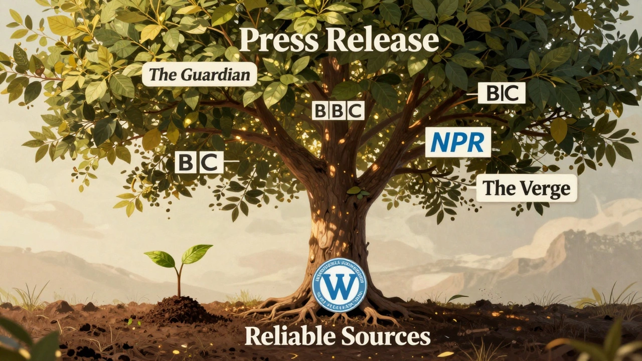 A tree growing from a press release seed, with branches named after trusted news outlets.