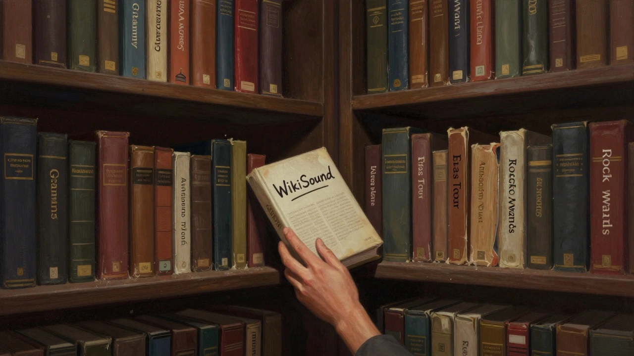 A vast library of music history where well-documented Western awards tower over forgotten regional events, with one new book being added from the shadows.