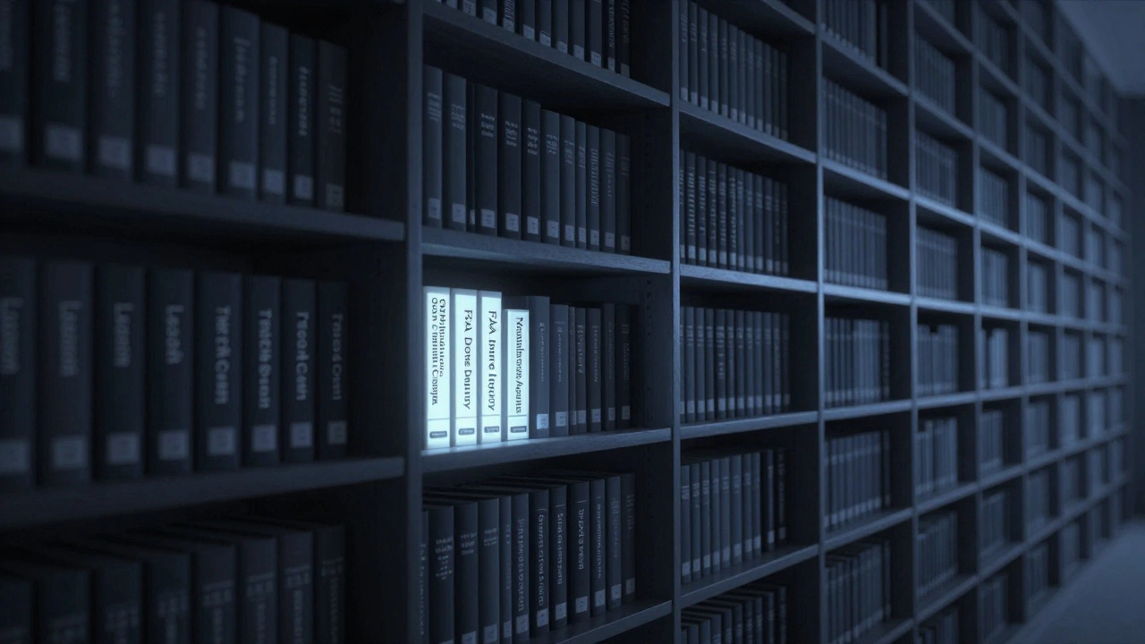 A vast library shelf with only a few glowing books representing notable incidents, while countless others fade into darkness.