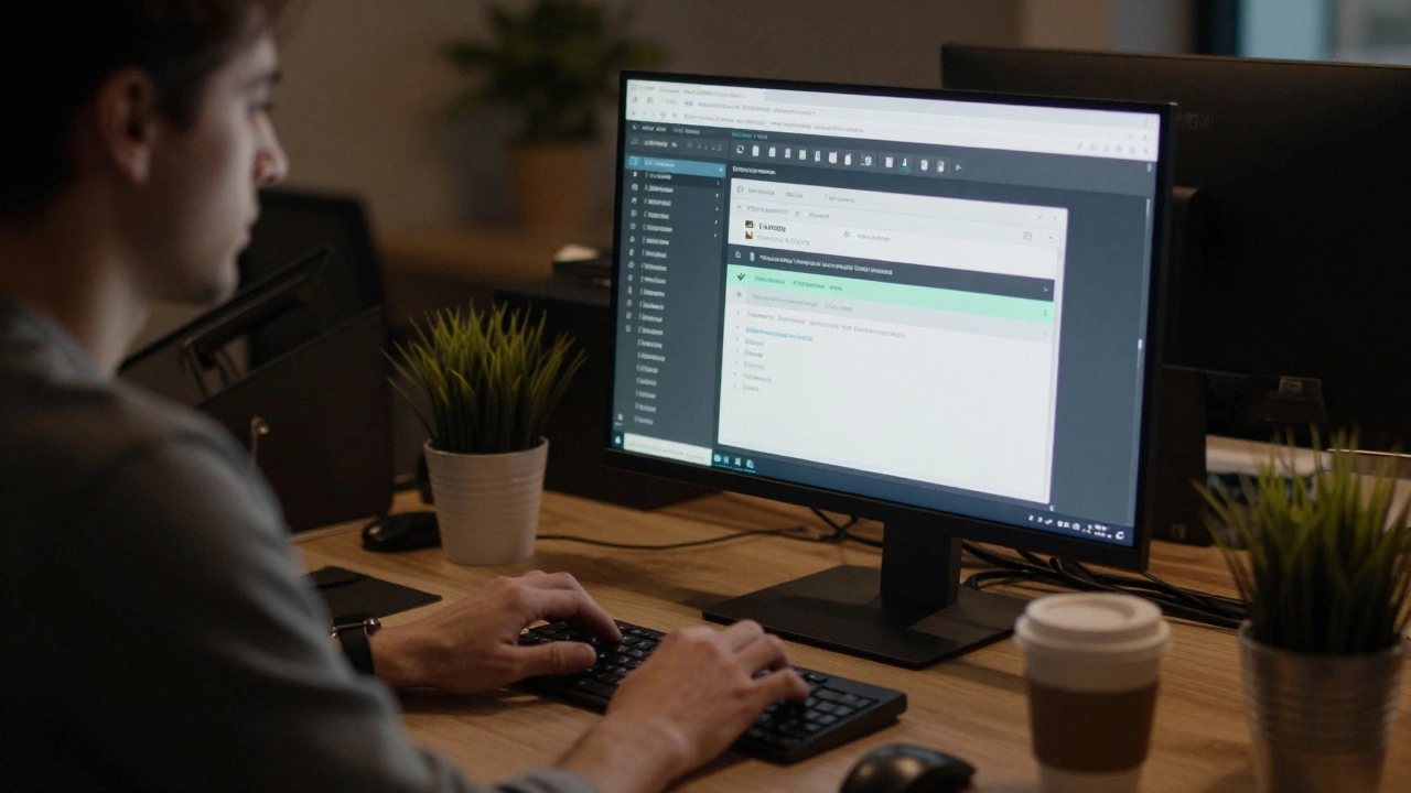 A volunteer editor reviewing pending Wikipedia changes late at night, illuminated by a computer screen.