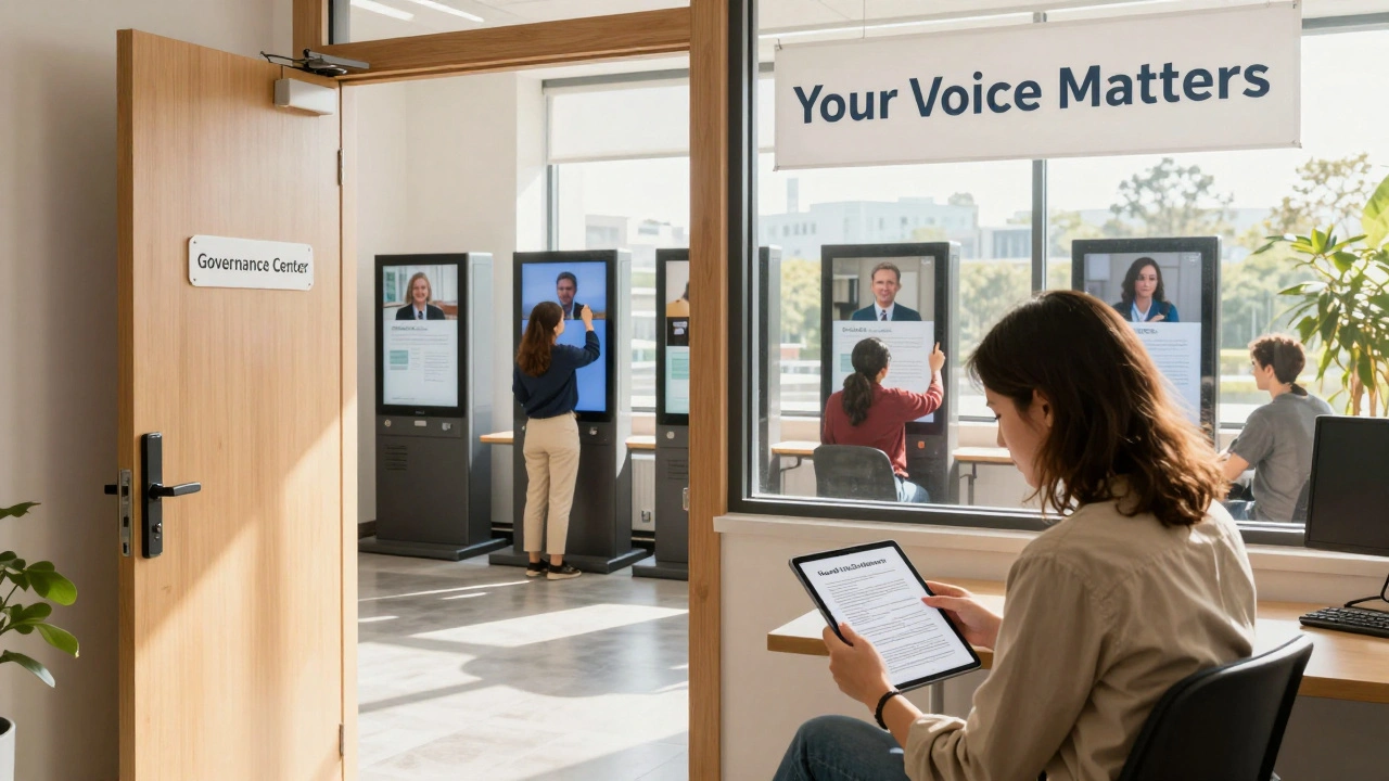 A volunteer reading governance documents while people around the world participate in Wikimedia decision-making.