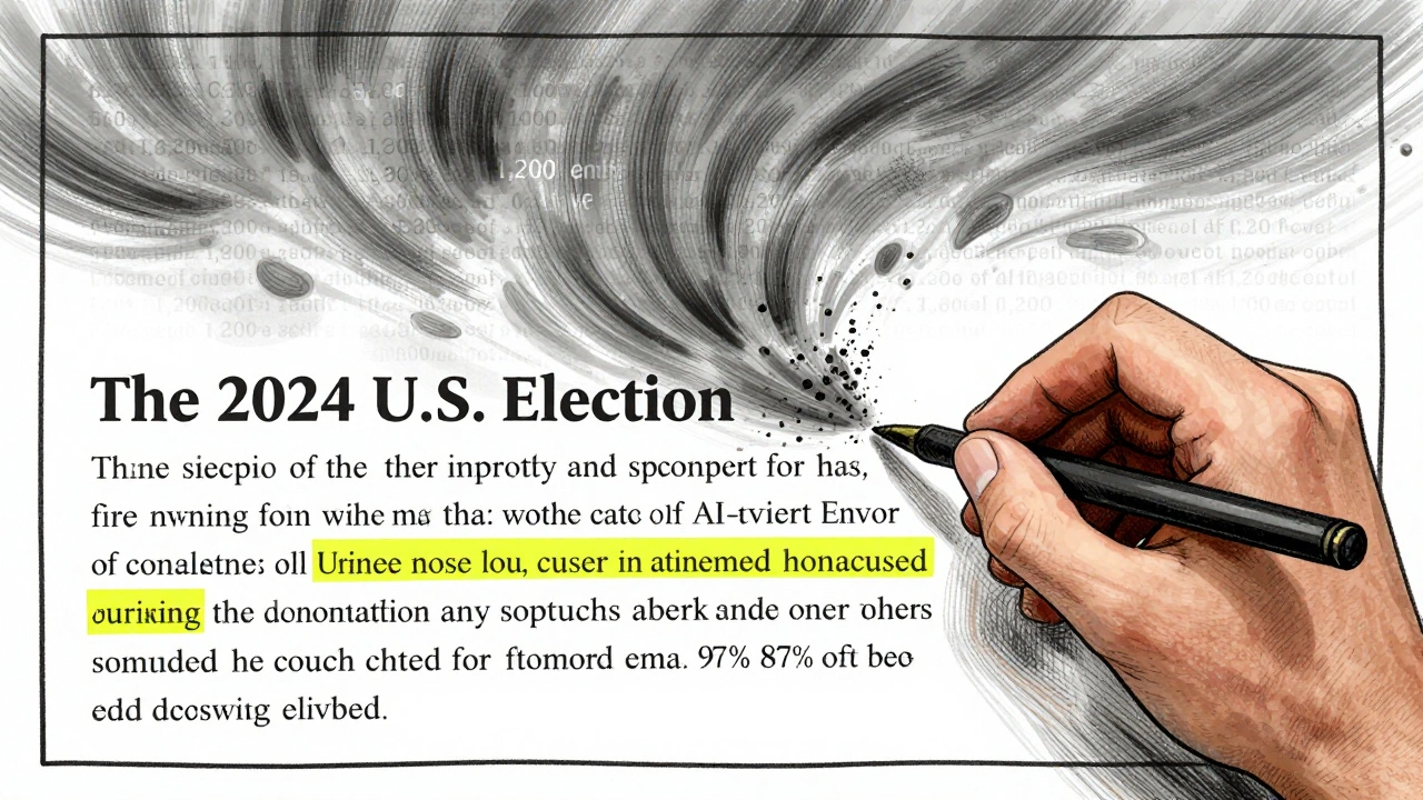 A Wikipedia article on the 2024 U.S. Election with AI edits dissolving as a human editor adds contextual depth.