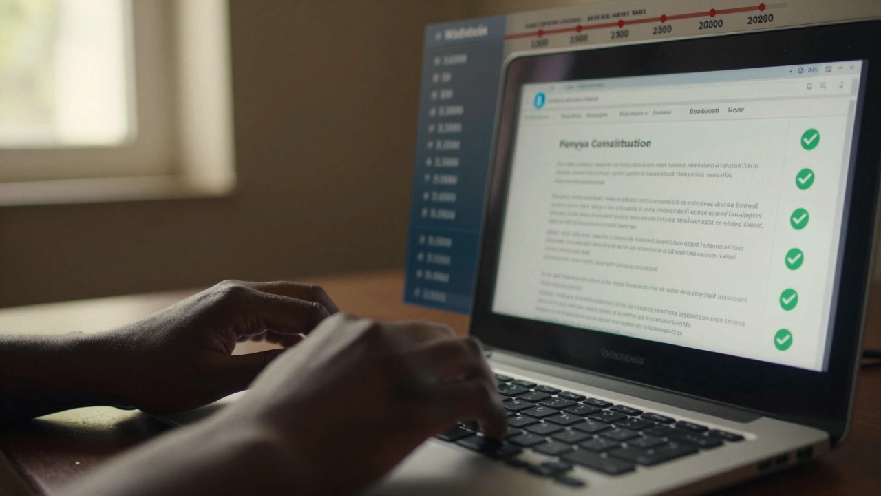 A Wikipedia editor in Nairobi typing on a keyboard as live verification checkmarks appear on the Kenya constitution page, with citations stacking in the background.