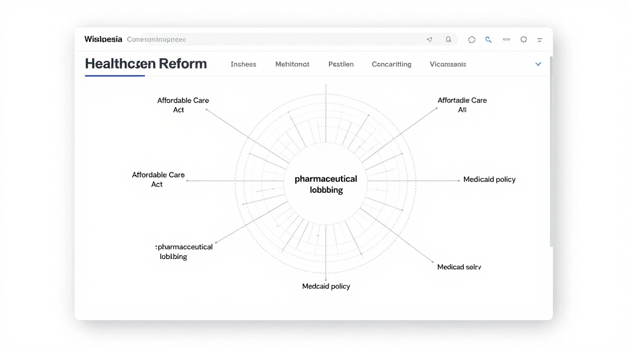A Wikipedia page on healthcare reform with linked topics displayed in a clean, neutral digital interface.