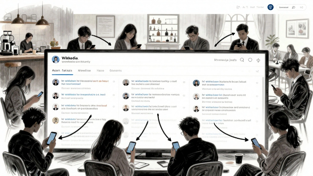 A Wikipedia talk page flooded with identical comments from new users, while unseen figures influence them remotely.