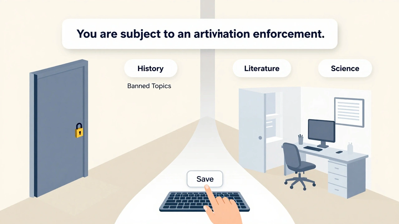 A Wikipedia user dashboard with a ban banner and two paths: one blocked, one leading to allowed editing topics.