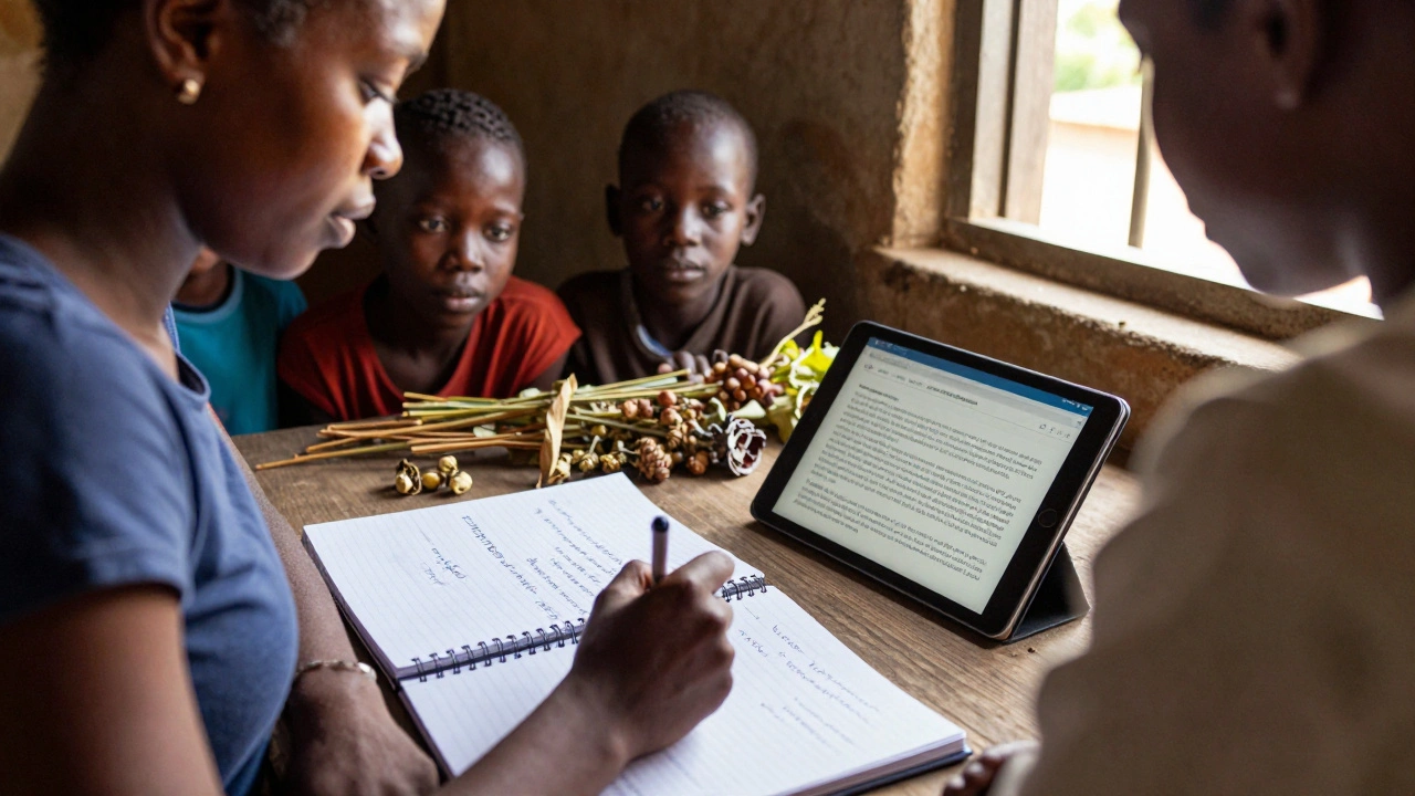 A woman in rural Kenya writing a Wikipedia article in Swahili about herbal medicine with plants nearby.