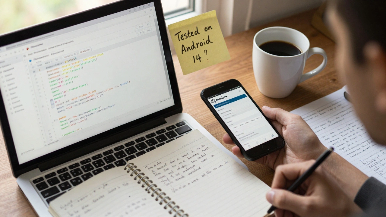 A workspace with a laptop showing Phabricator, a broken mobile Wikipedia screen, and notes about a Swahili translation bug.
