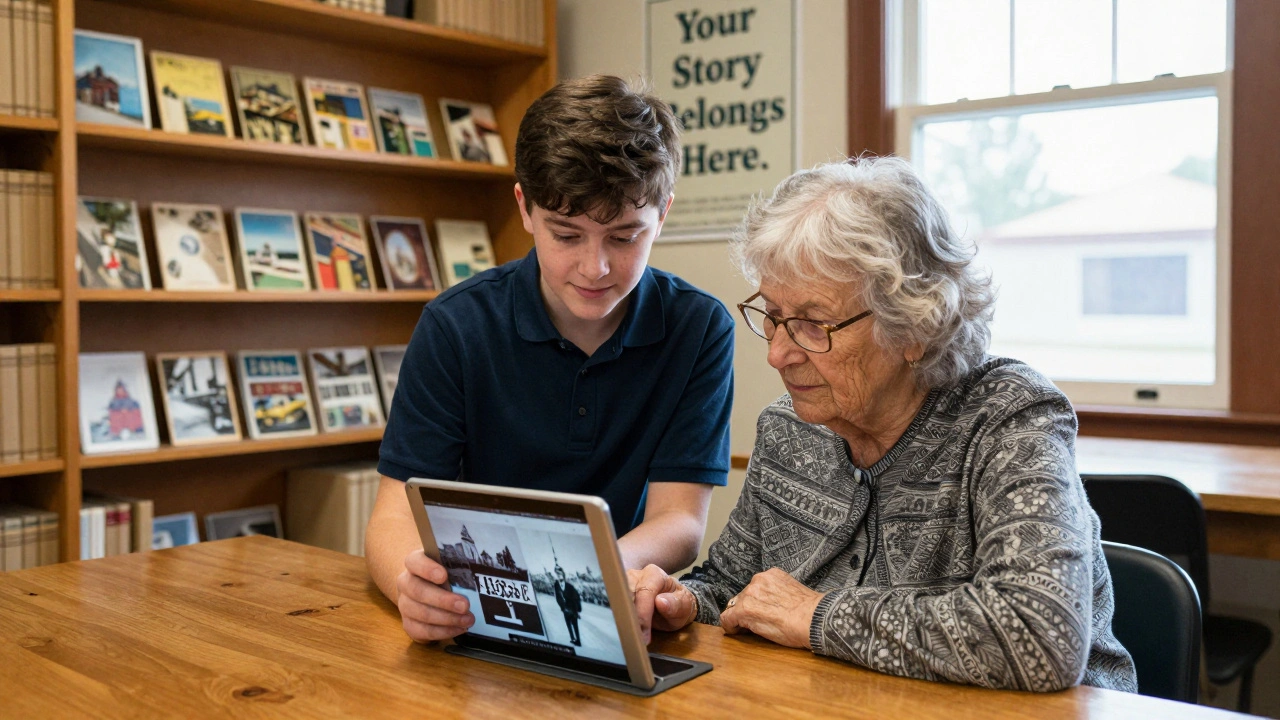 A young student helping an elderly woman upload historical photos to Wikipedia in a small-town library, surrounded by local archives.