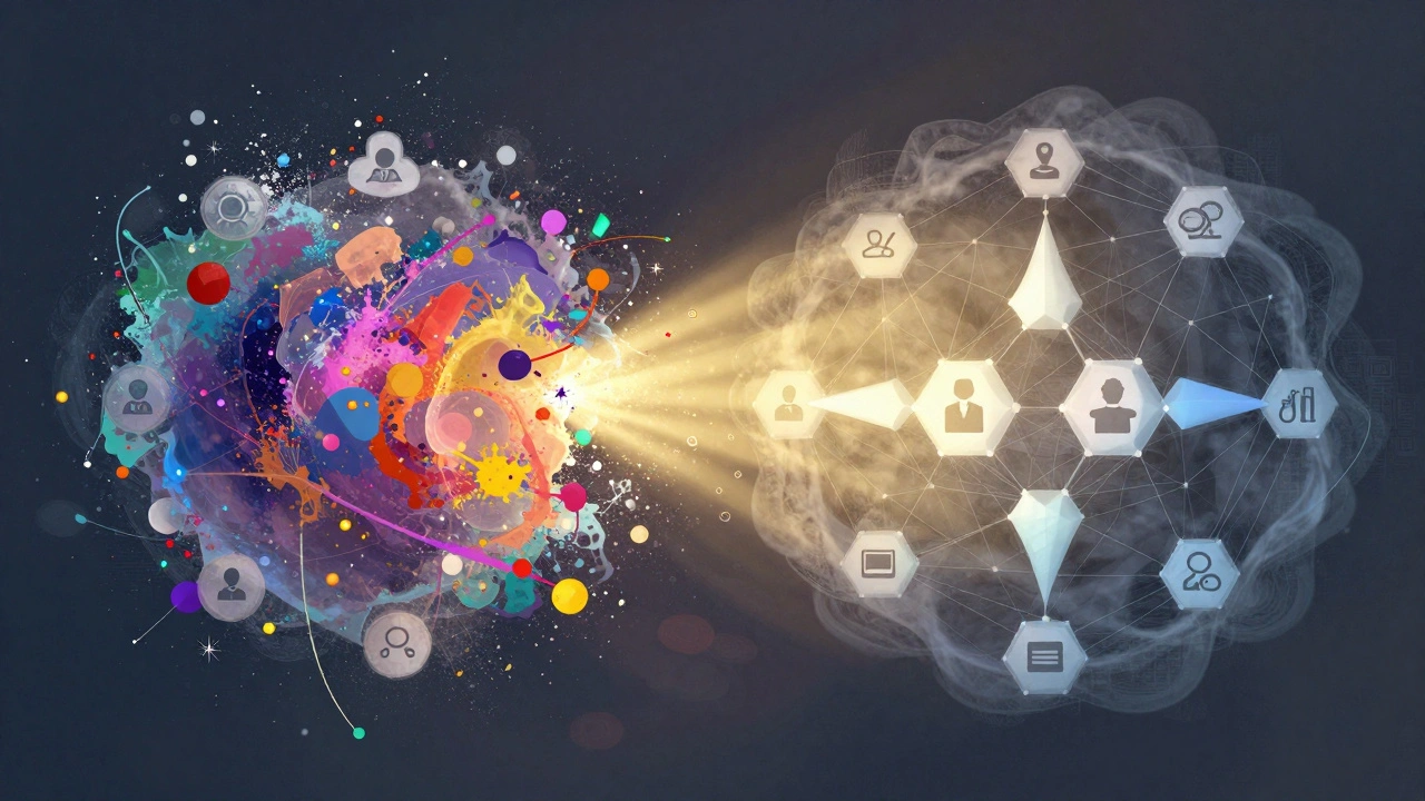 Abstract art showing balance between opinion noise and policy structure.