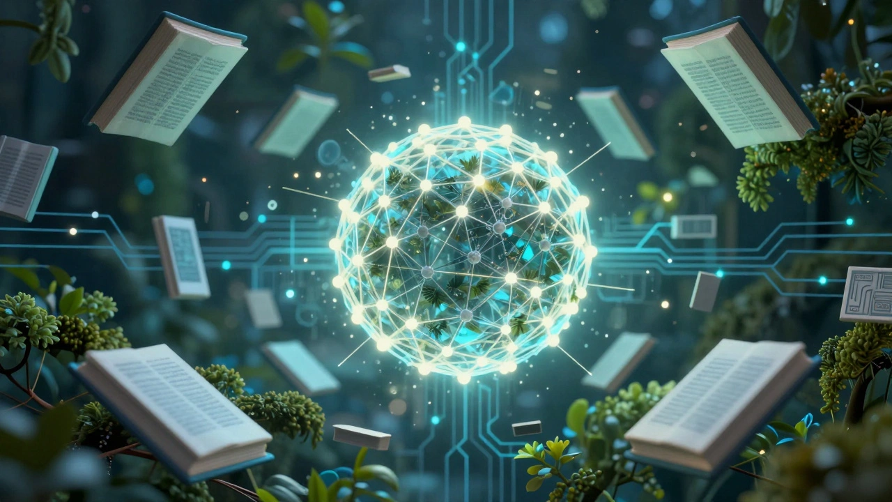 Abstract concept of AI and human knowledge merging with glowing nodes and organic shapes.