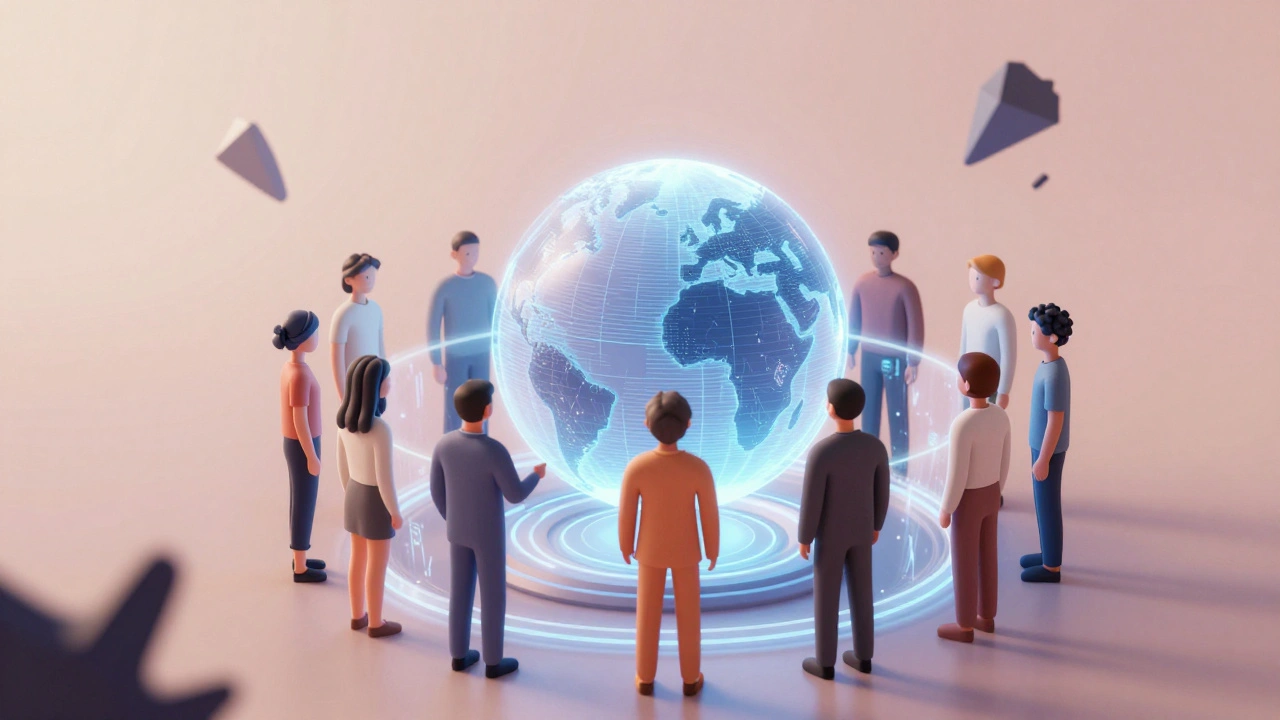 Abstract figures collaborating around a hologram protected by an energy barrier.