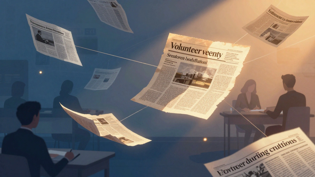 Abstract illustration of fragmented newspaper pages connected by light