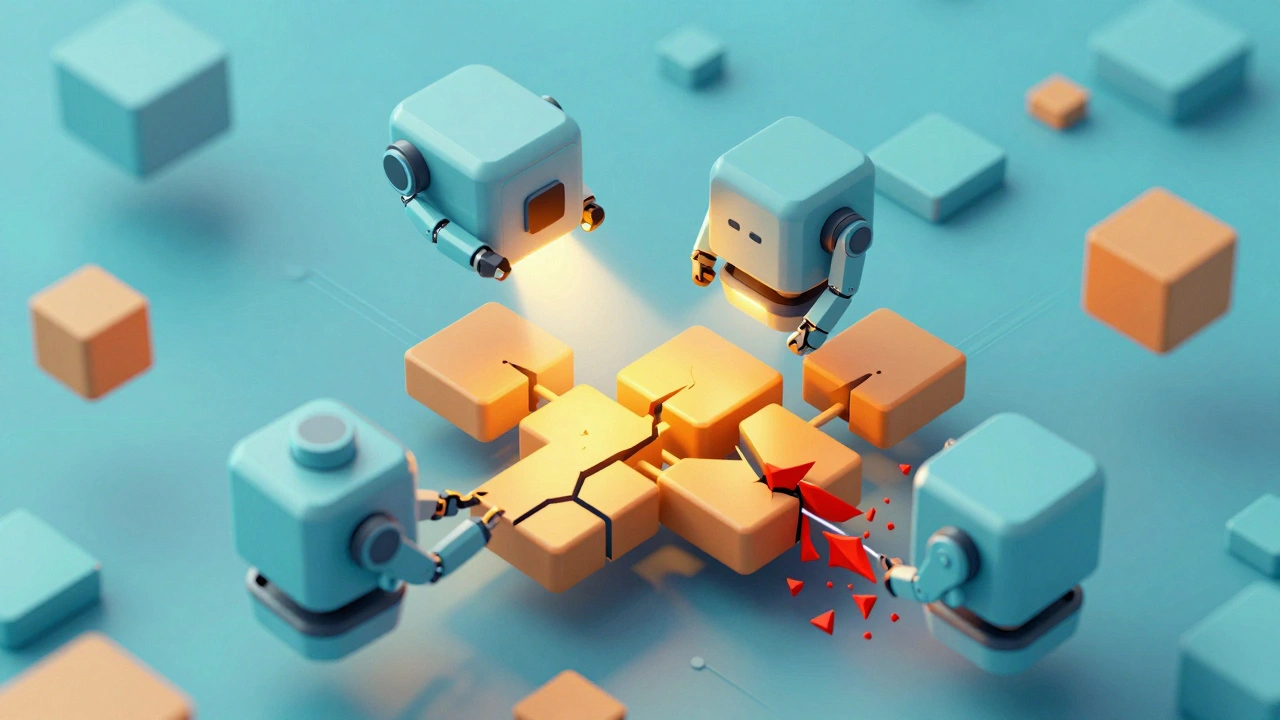 Abstract mechanical shapes organizing data blocks and filtering errors.