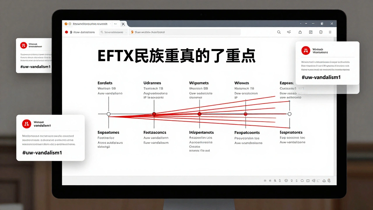 Administrator interface showing a block notice with edit history and sockpuppet account patterns mapped as red threads.