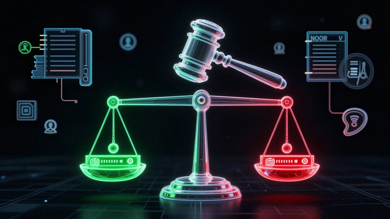 An abstract digital courtroom made of Wikipedia links and citation icons, with a gavel shaped from policy books above a balanced scale.
