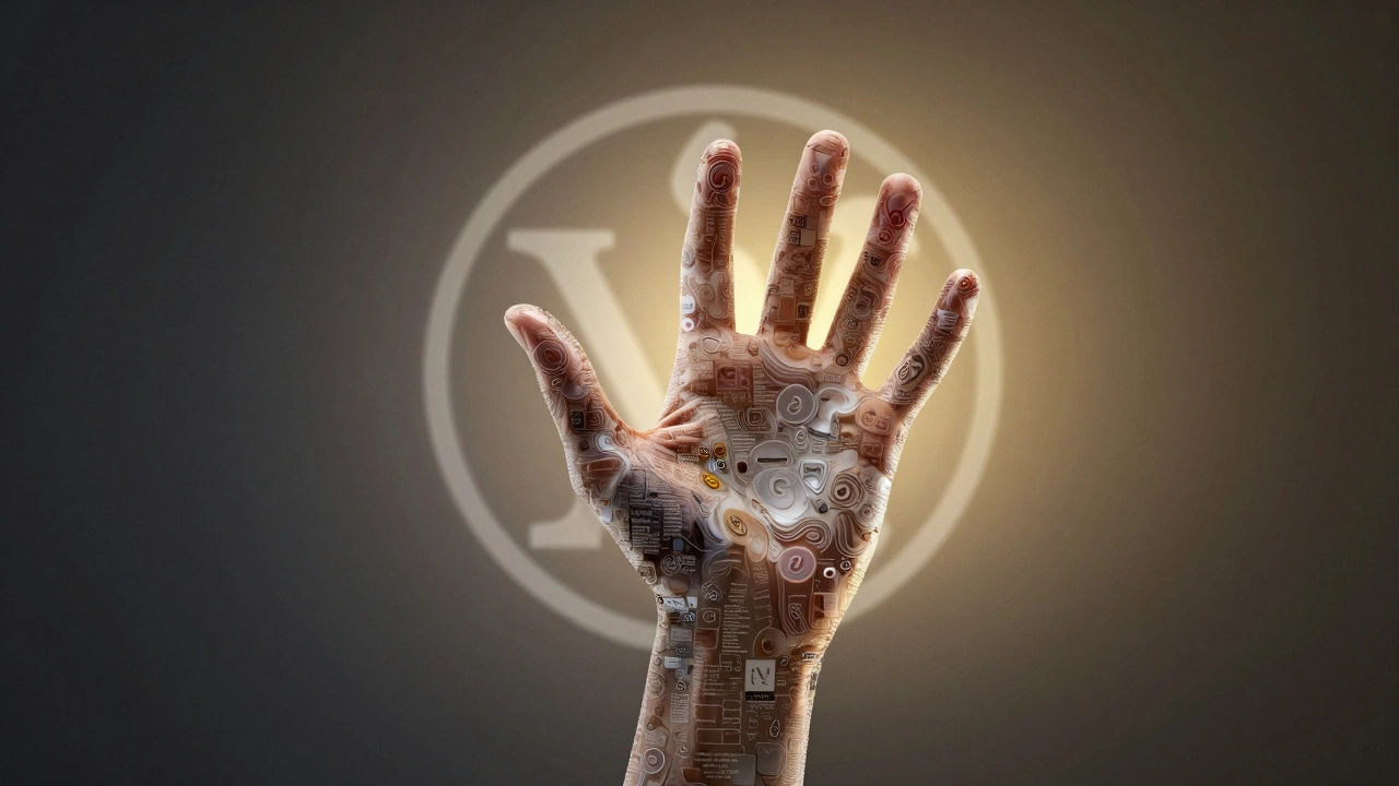 An abstract digital mosaic of citations and edit icons forming a hand reaching upward, with a faint Wikipedia logo in the background.