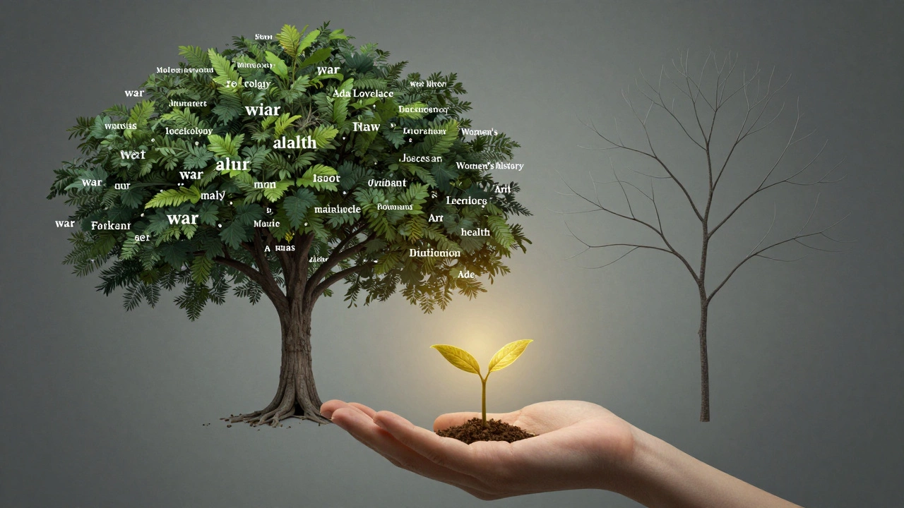 An abstract knowledge tree showing sparse coverage of women's topics compared to male-dominated subjects, with a glowing new biography being added.