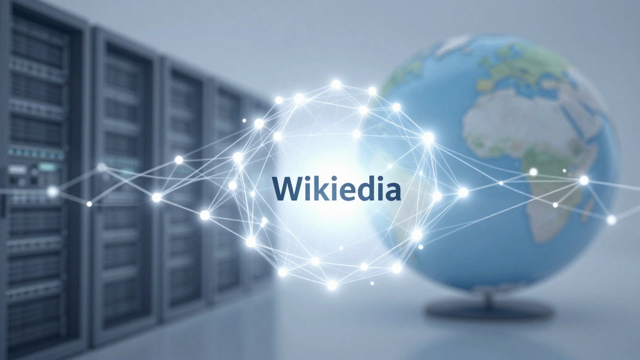 An abstract network of glowing dots symbolizing millions of small donations supporting Wikipedia globally.