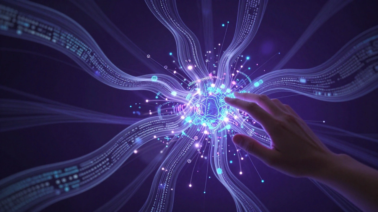 An abstract neural network visualizing Wikipedia edit patterns, with data streams flowing and correcting misclassified edits.