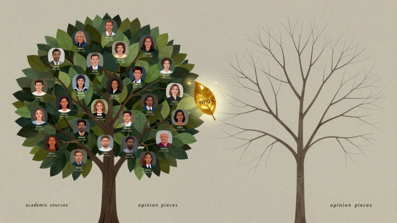 An abstract tree with uneven branches representing biased versus balanced sourcing in Wikipedia articles.