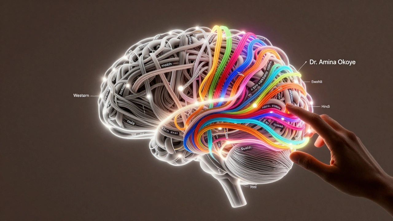 An AI brain fed by narrow data streams on one side and diverse, colorful knowledge on the other, with a new article being added to balance it.