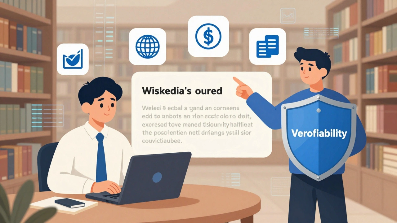 An AI guardian blocking an unsourced edit while policy icons float around, illustrating Wikipedia's core guidelines.