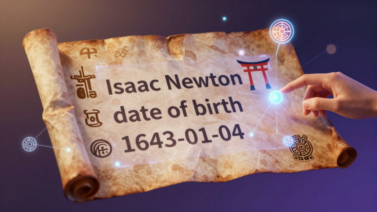 An ancient scroll transforming into a holographic knowledge graph with global cultural symbols linked by glowing threads.