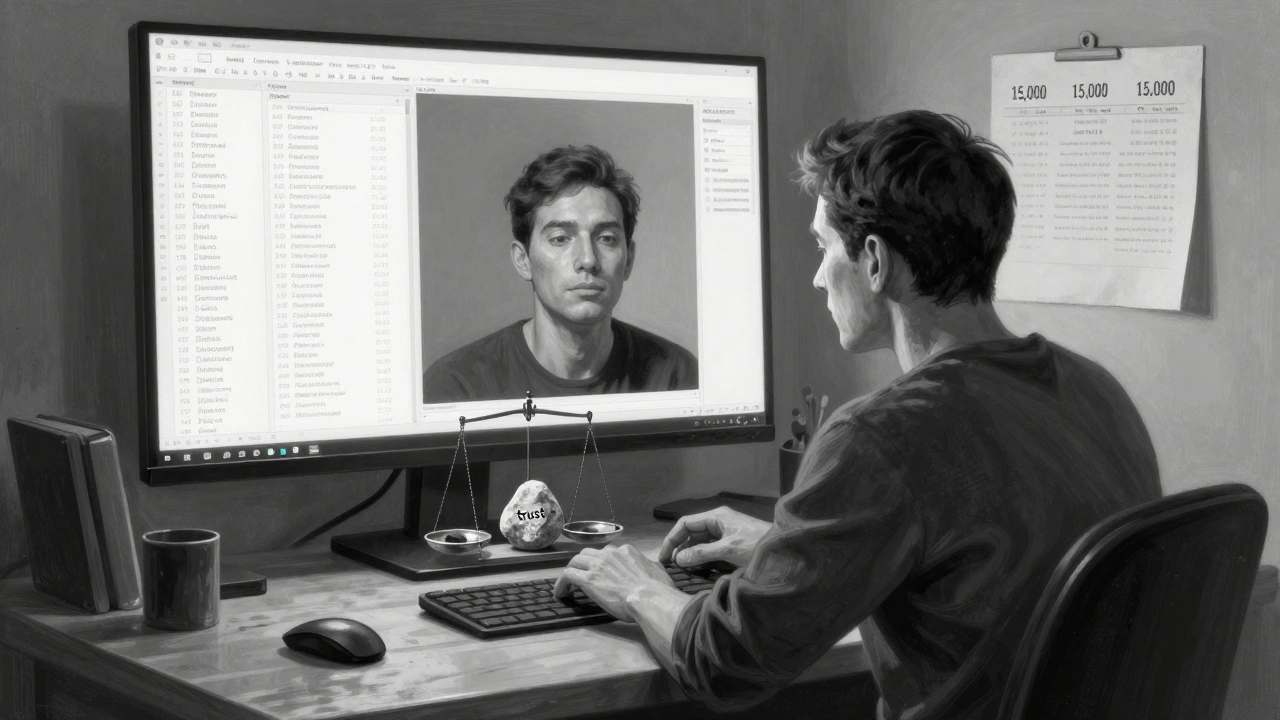 An editor at a desk with edit counts on a screen, placing a stone on a scale labeled 'trust' — symbolizing quiet reliability.