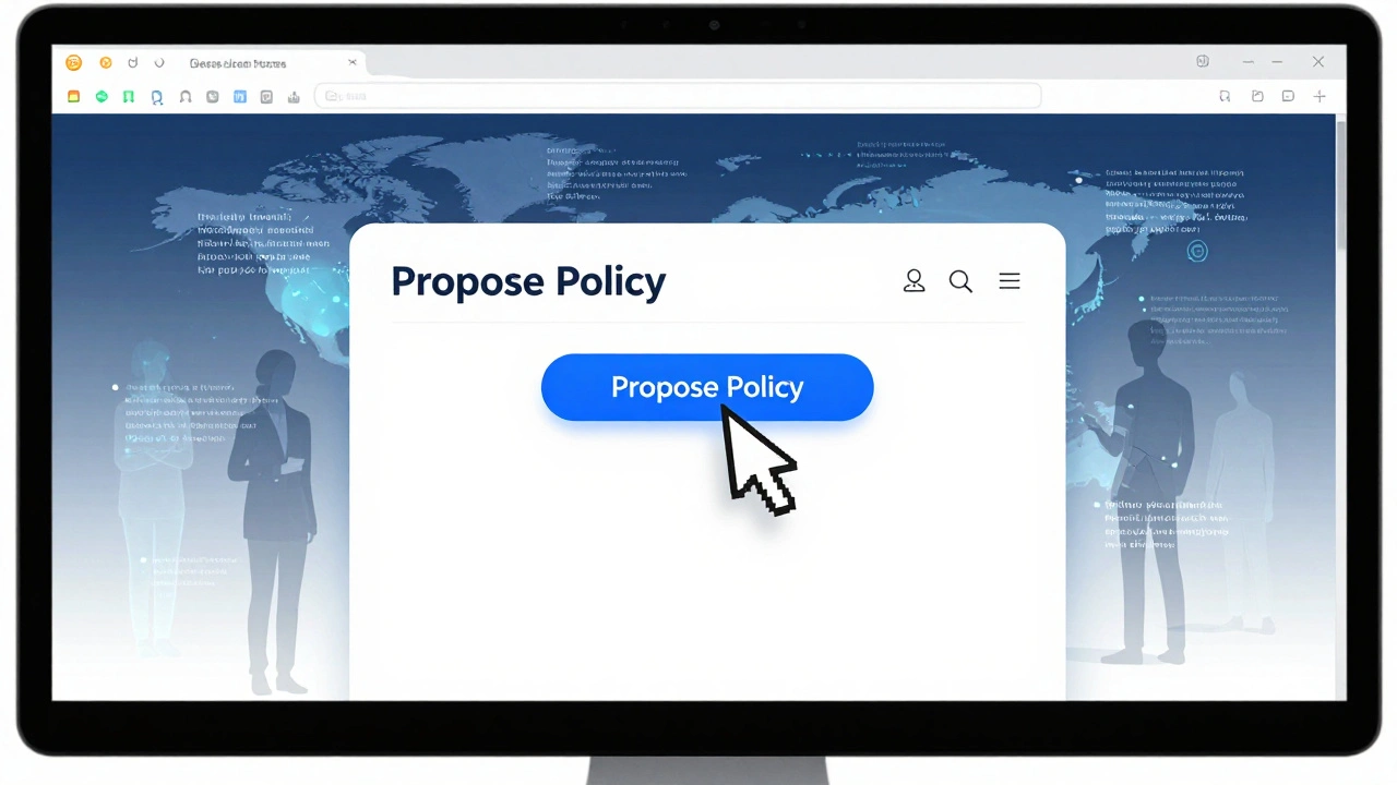 An editor preparing to propose a policy as global contributors appear as translucent figures offering feedback.
