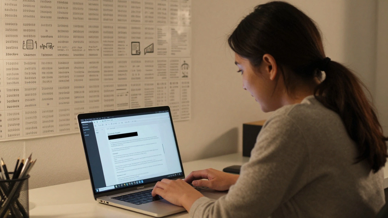 An editor reading a blocked user's appeal message on a laptop, reflection showing emotion, with past blocks visible in background.