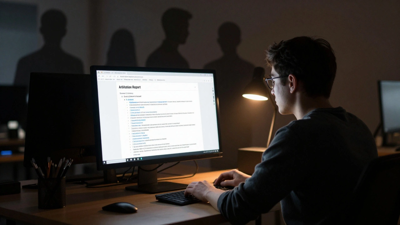 An editor reading an Arbitration Report on a screen, with shadowy figures fading behind them in the background.