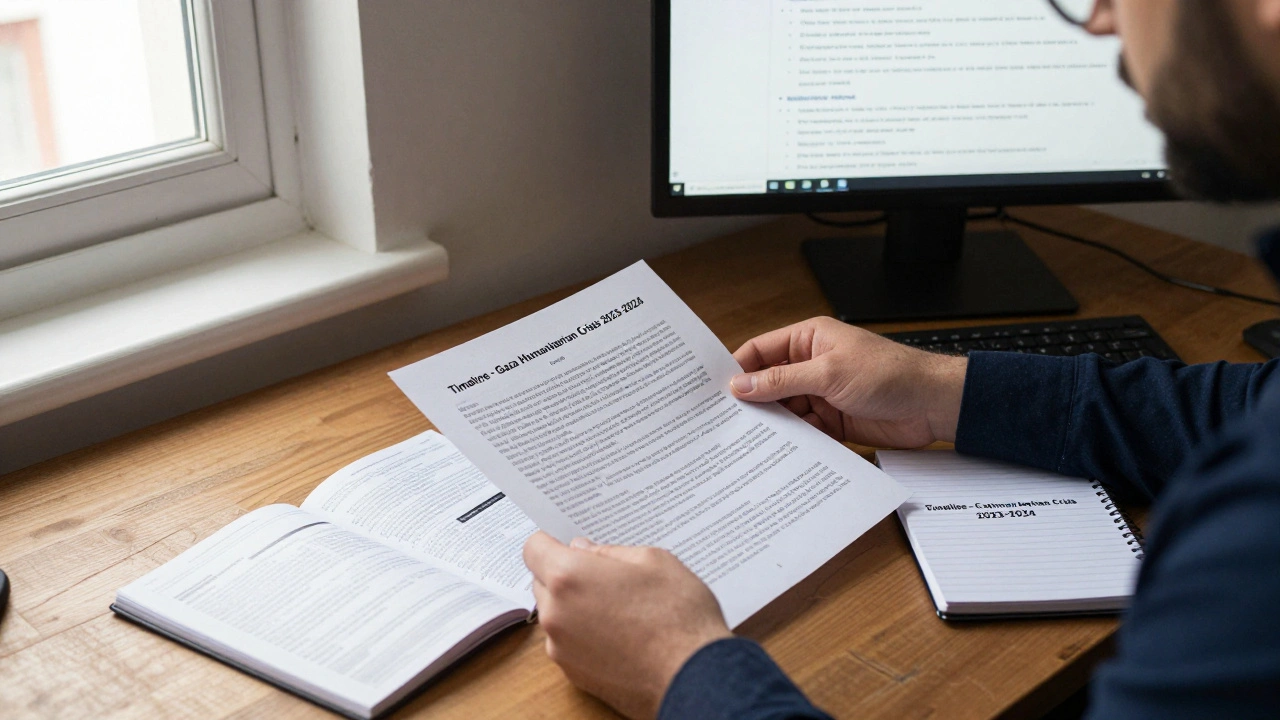 An editor reviewing credible sources at a desk to build an accurate Wikipedia timeline.