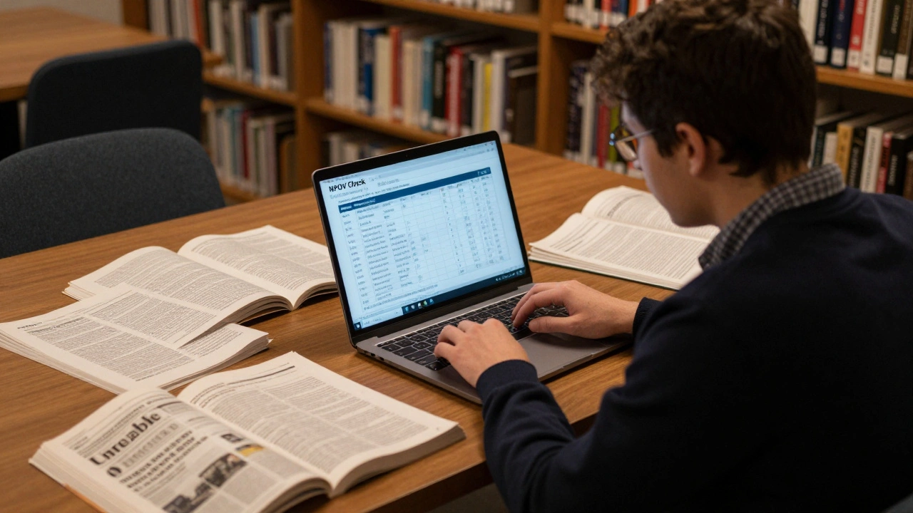 An editor reviewing reliable sources on a laptop, with unchecked biased materials discarded nearby.