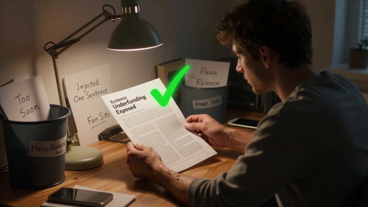 An editor surrounded by rejected article drafts under a single lamp, with one accepted article glowing green in the foreground.