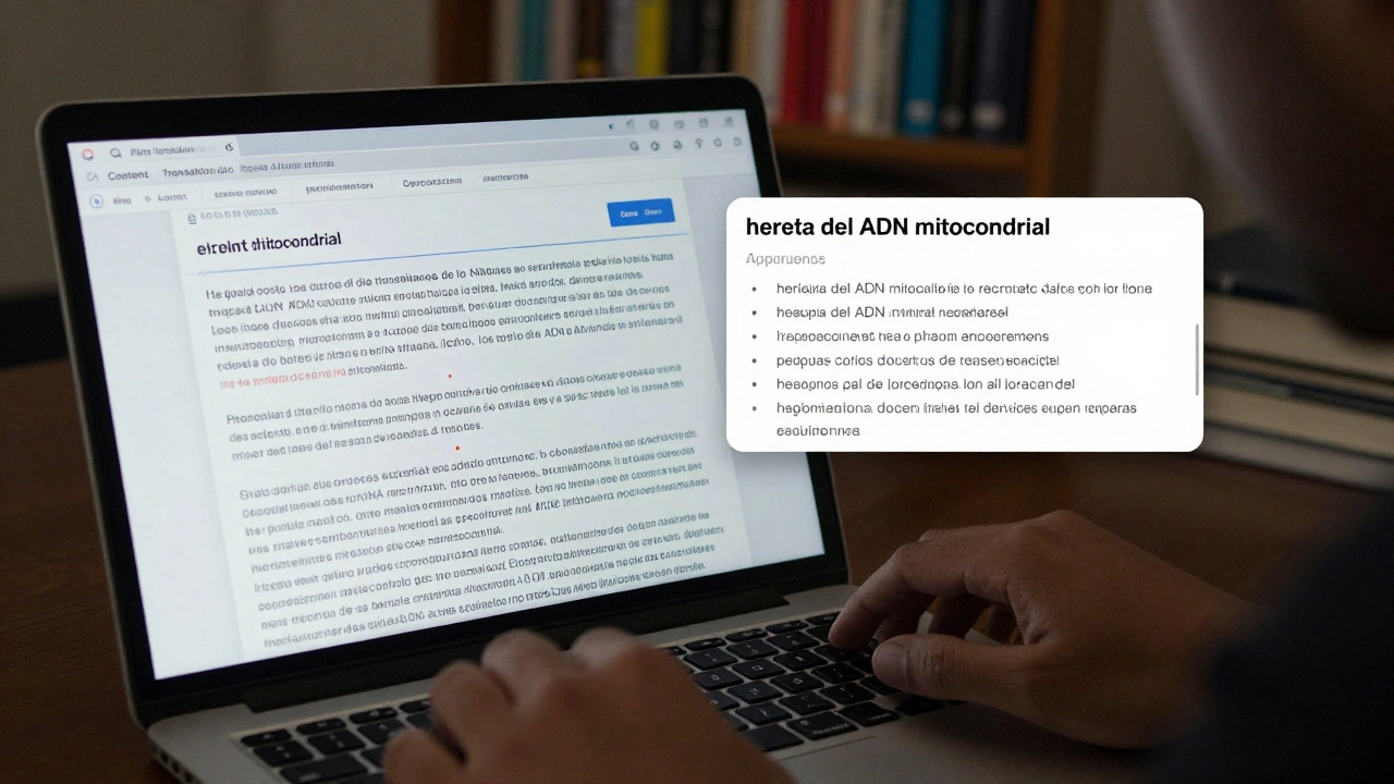 An editor using Wikipedia's Content Translation tool to compare a scientific passage with a reference textbook, guided by a glowing glossary panel.