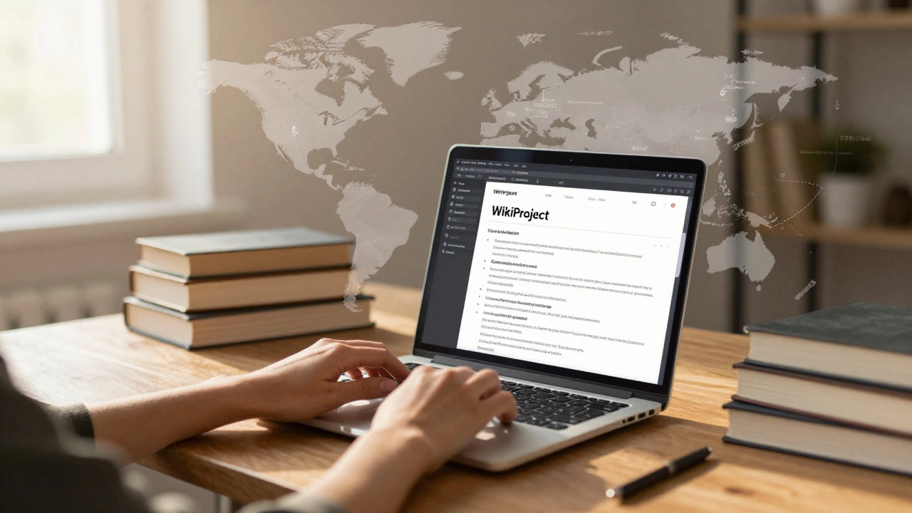 An editor working at dawn on a WikiProject guideline, surrounded by books and translucent global edit histories.