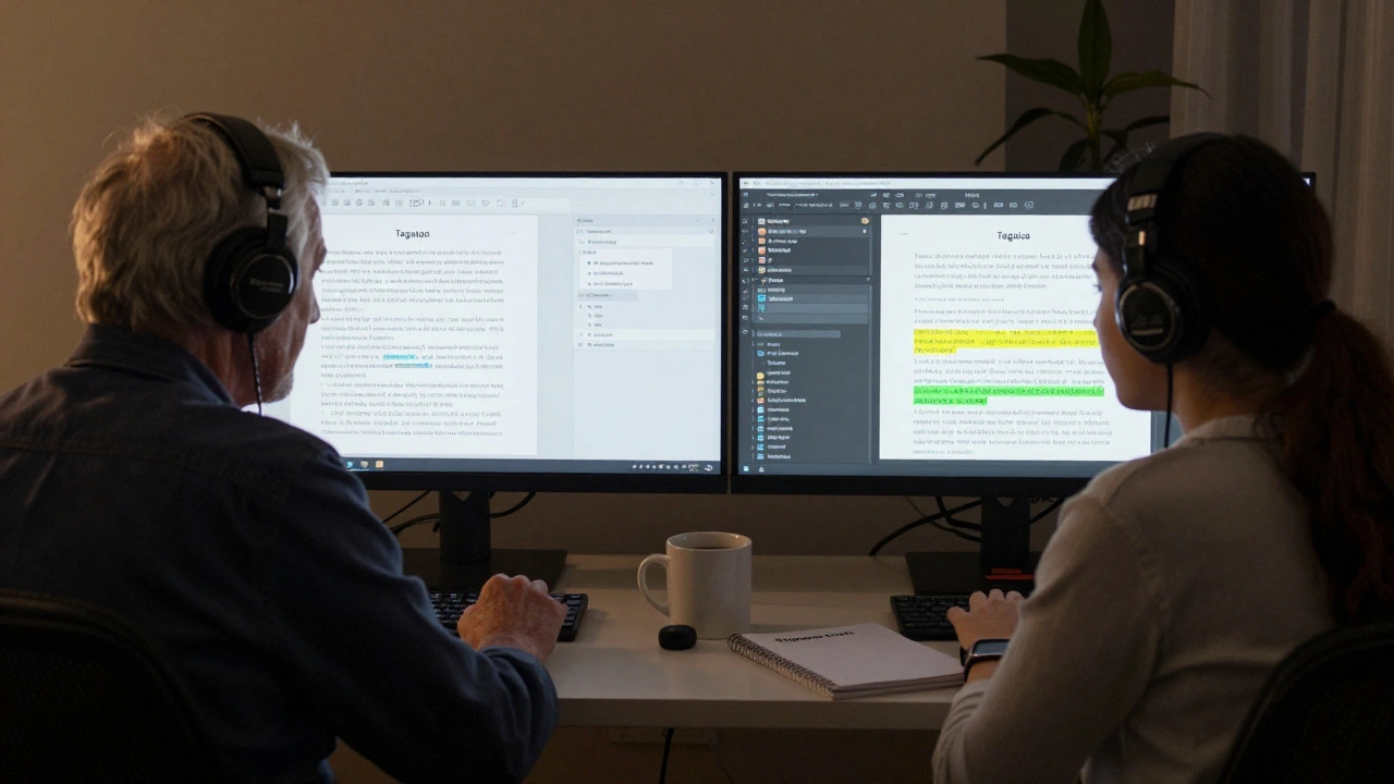 An elderly editor in Poland and a young student in Indonesia reviewing a shared Wikipedia article on colonial history.