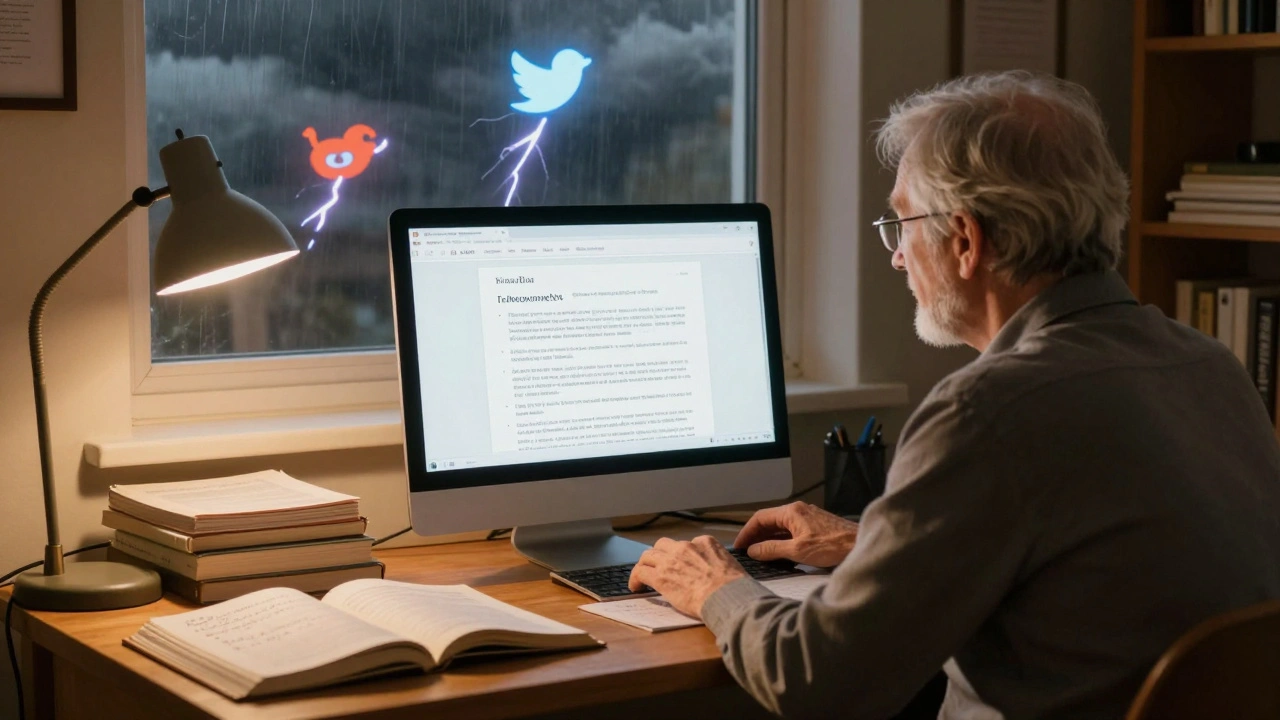An elderly editor surrounded by books and sources, calmly working on a well-cited Wikipedia article while stormy social media logos rage outside.