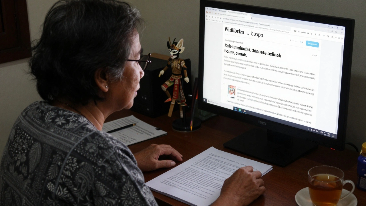 An elderly Indonesian translator adding cultural footnotes to a Wikipedia article about traditional puppetry, surrounded by notes and tea.