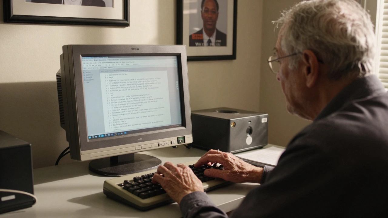 An elderly Wikipedia editor from South Africa typing on a vintage keyboard, with edit history visible on a screen.