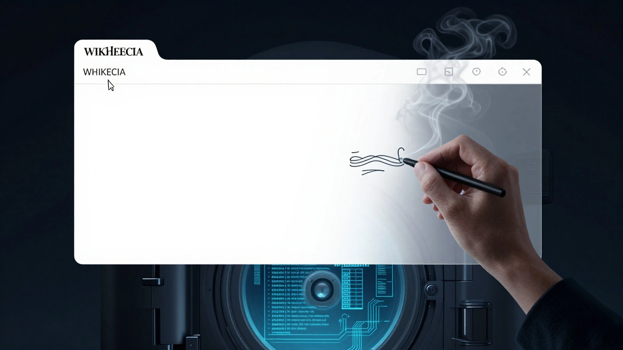 An empty edit window with text dissolving into smoke, beneath lies a hidden digital vault of suppressed revisions.
