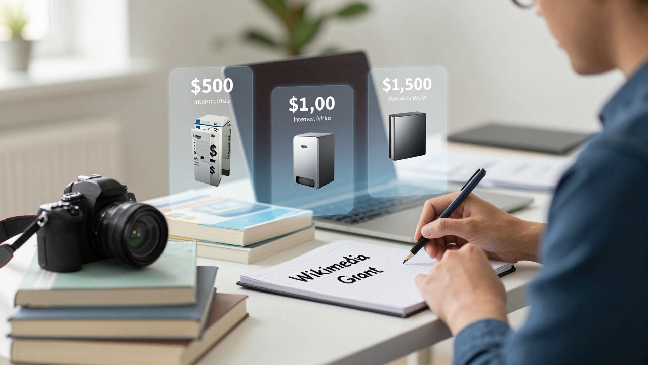 An individual editor with research materials and floating grant-funded items like books and internet bills.