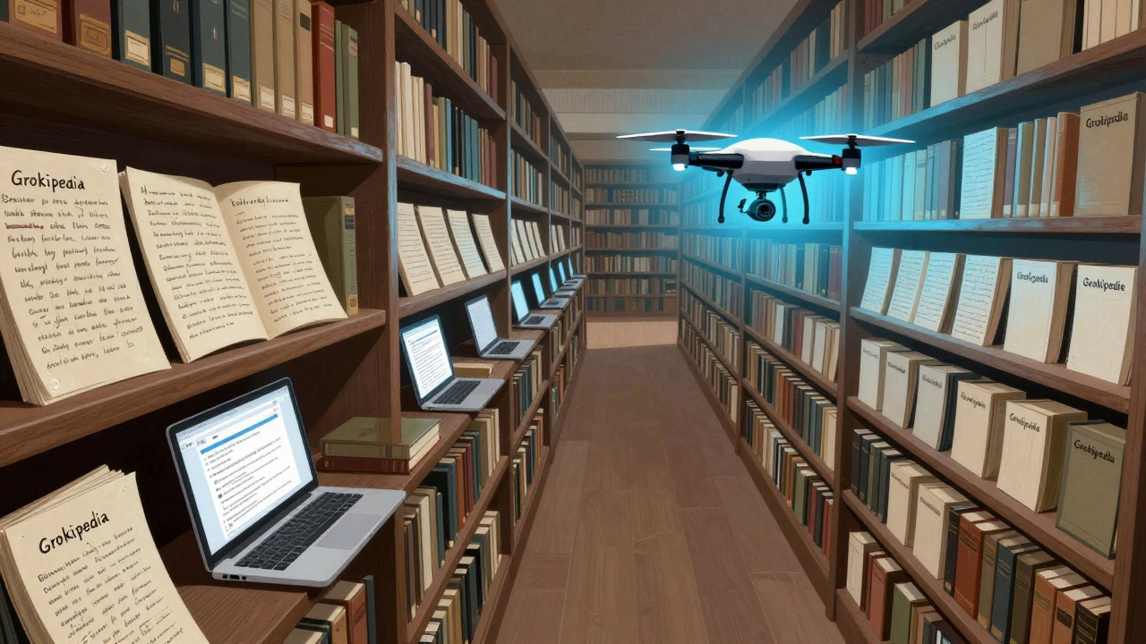 An infinite library with human-annotated books on one side and blank books auto-updated by a hovering AI drone on the other.
