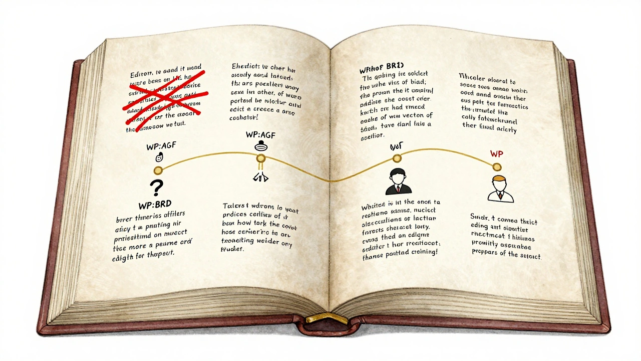 An open book showing conflicting edits on one side and rehabilitative actions on the other, connected by policy citations.