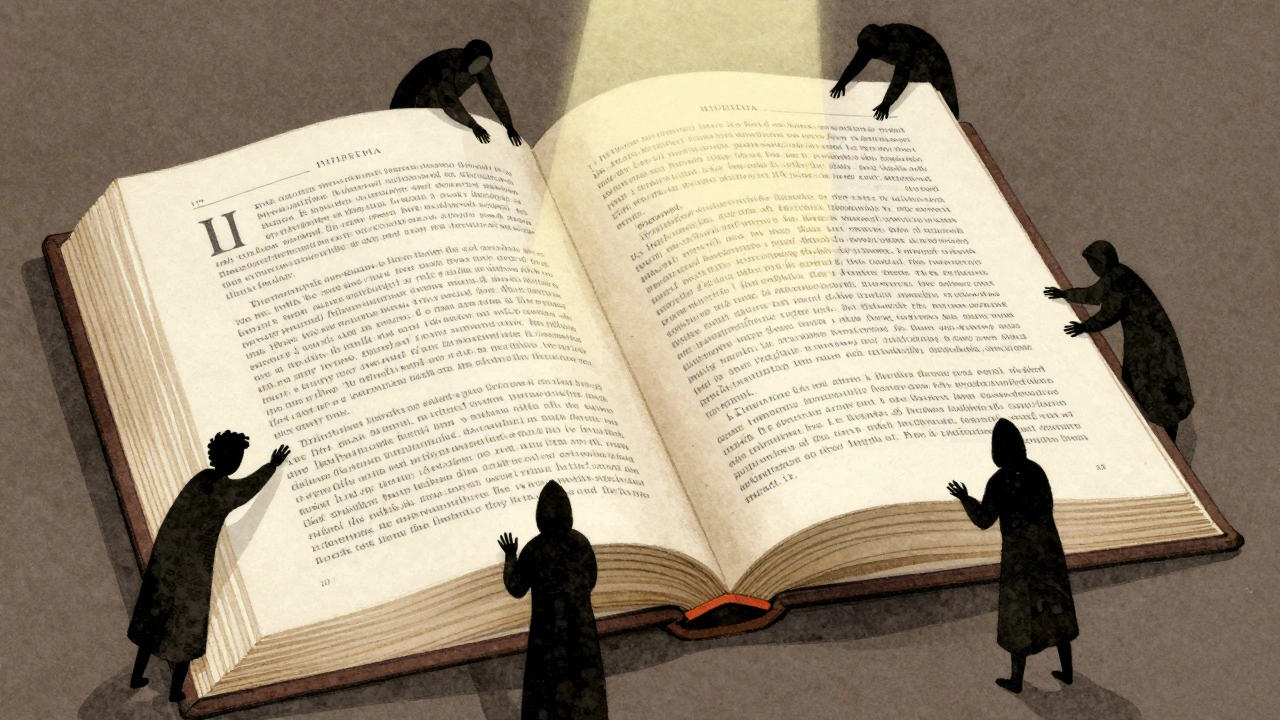 An open book with evolving Wikipedia article versions, shadowy editors interacting, lit by a single beam of light.