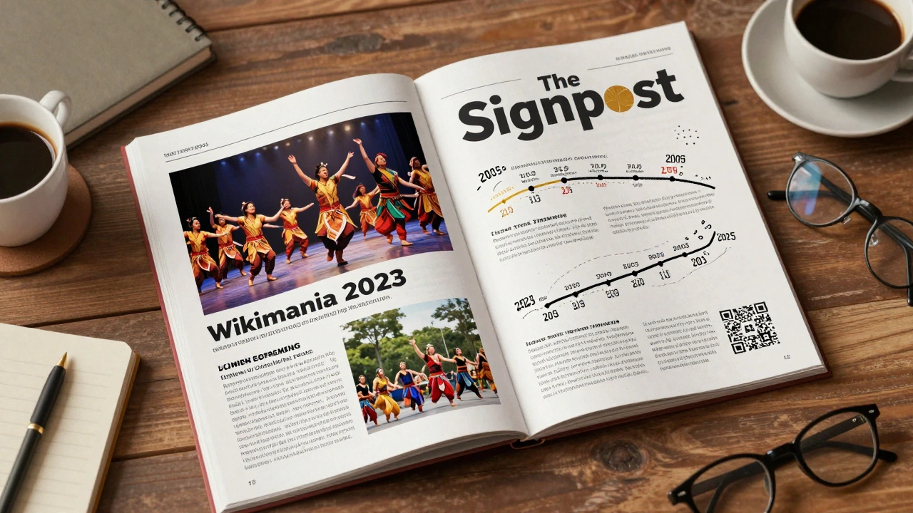 An open special edition of The Signpost newspaper with photos, timelines, and a QR code, surrounded by personal items.
