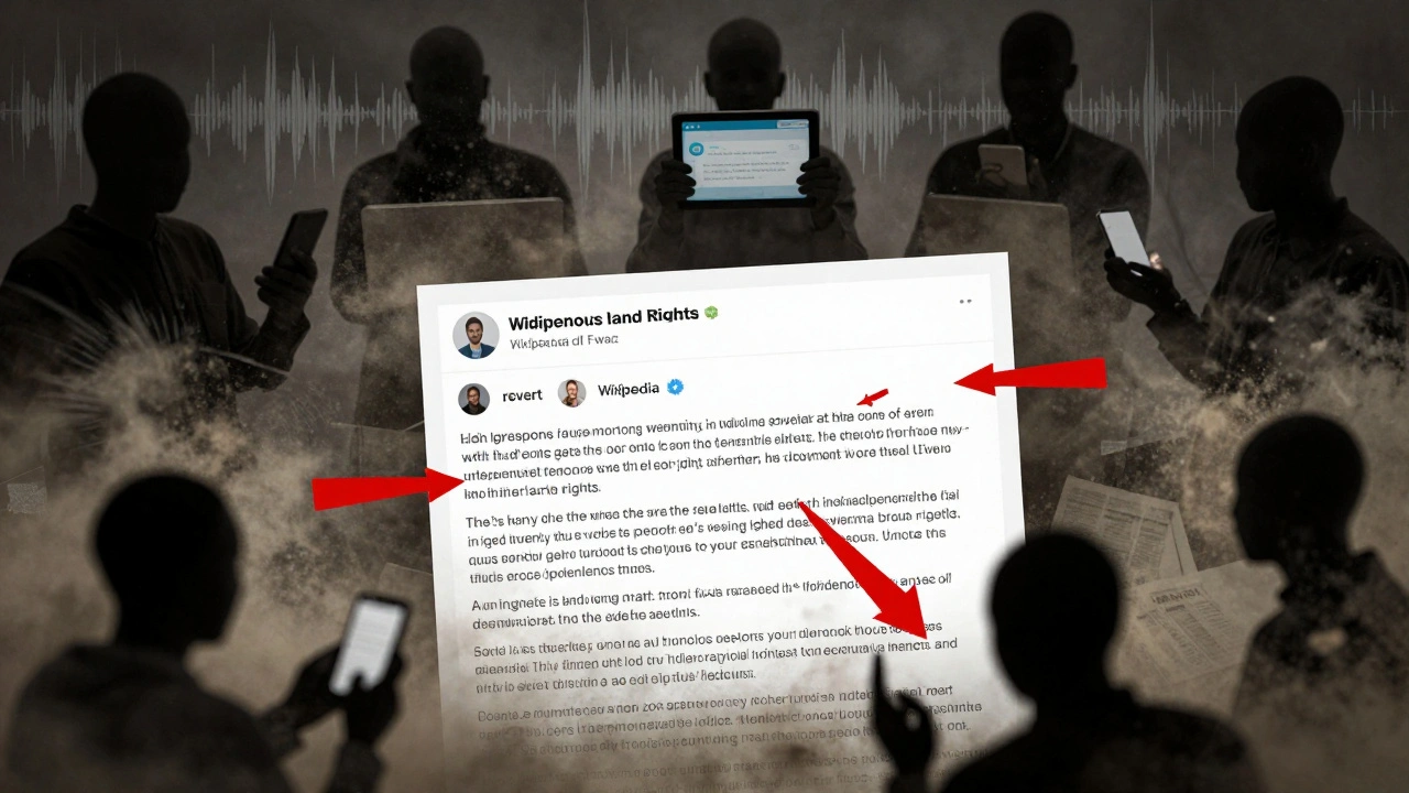 Anonymous editors in conflict over an article, with shadowy figures broadcasting external messages from phones and tablets.