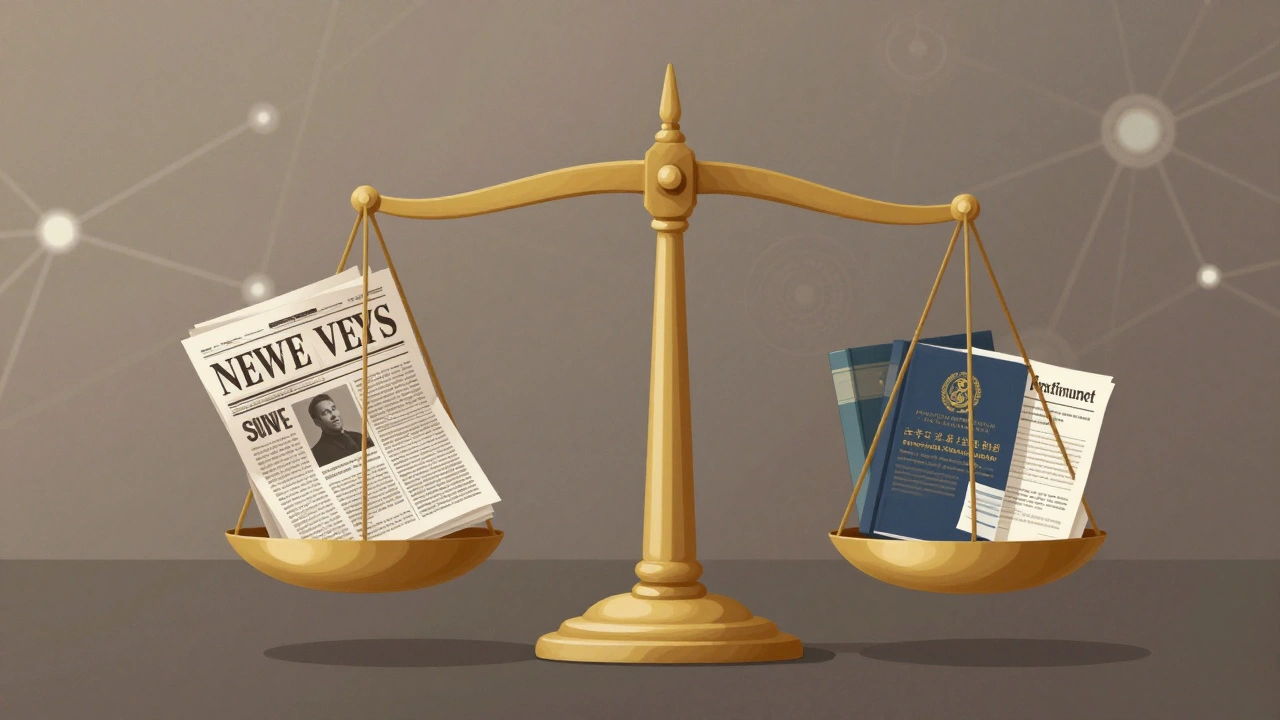 Balanced scale with news papers and academic journals