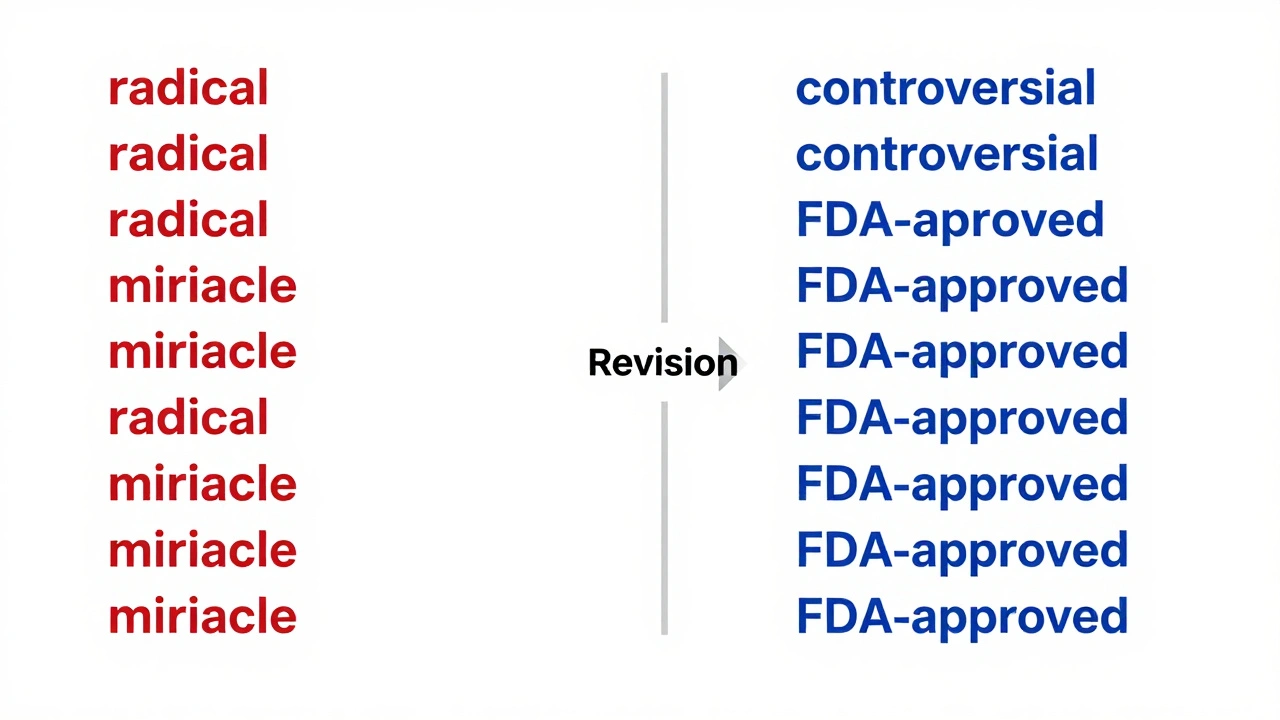 Before and after comparison of biased versus neutral Wikipedia edits, showing language transformation.